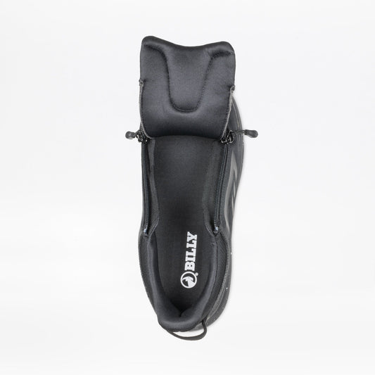 Top view of the Men's Black/Black/Gum BILLY Sport Inclusion DZ1 from BILLY Footwear, showing double zippers unzipped to reveal the interior and brand logo, all set against a white background.