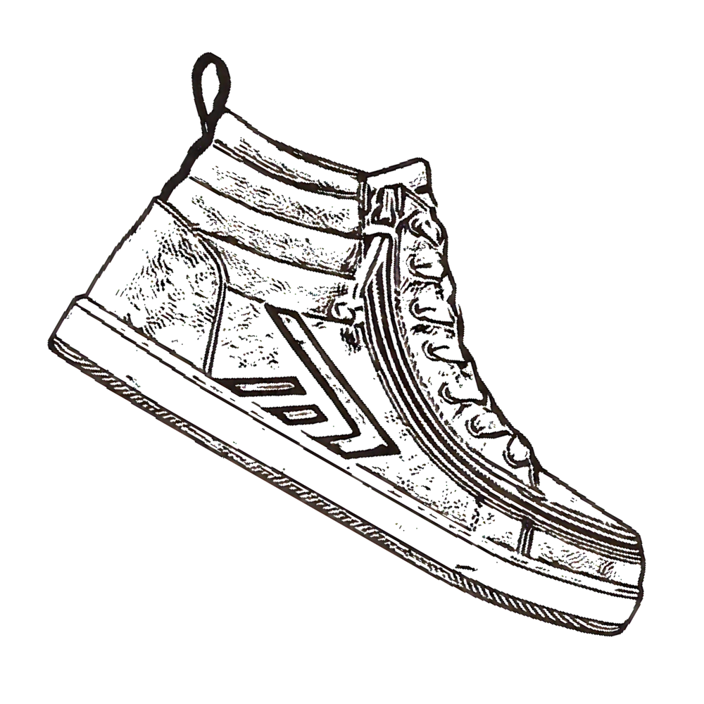 Black and white line drawing of a high-top sneaker with laces, a side stripe design, and a textured sole, viewed from the side.