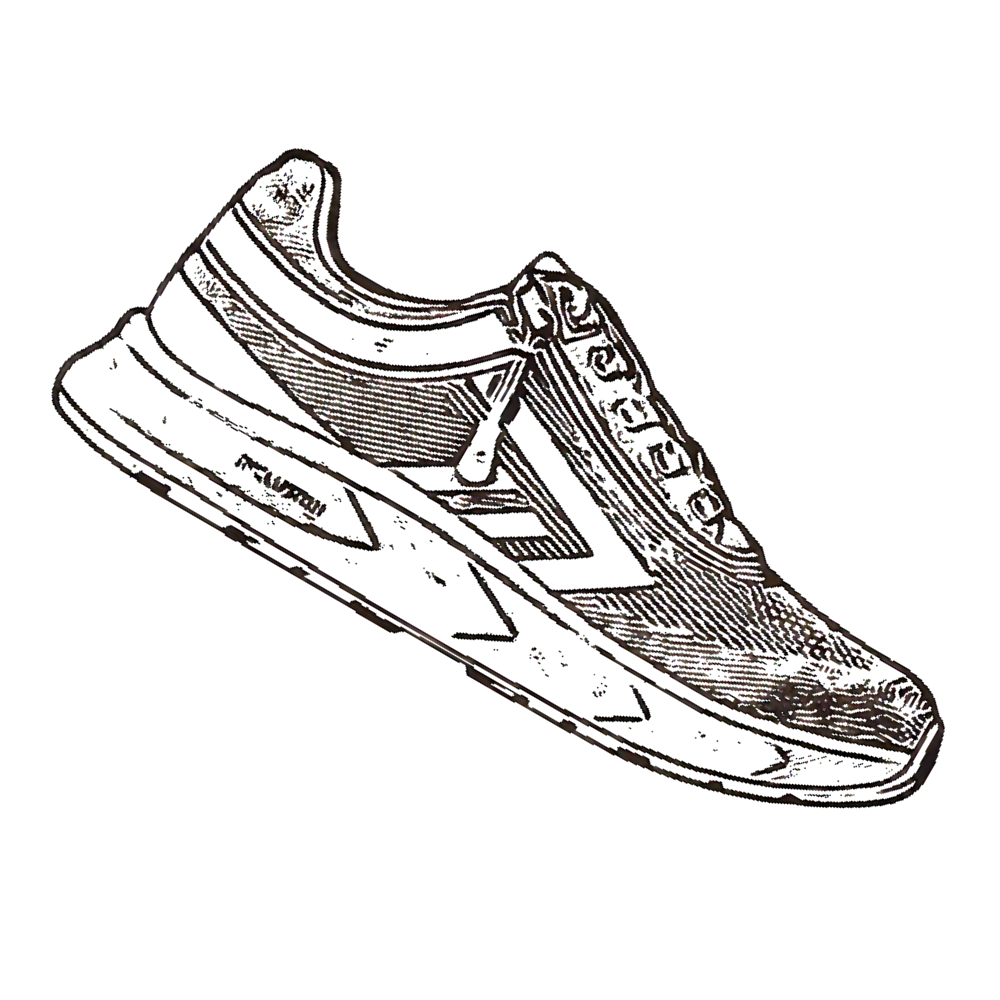 Detailed black and white sketch of an athletic running shoe, shown from a side angle, featuring laces, textured upper, zipper, and a thick, patterned sole.