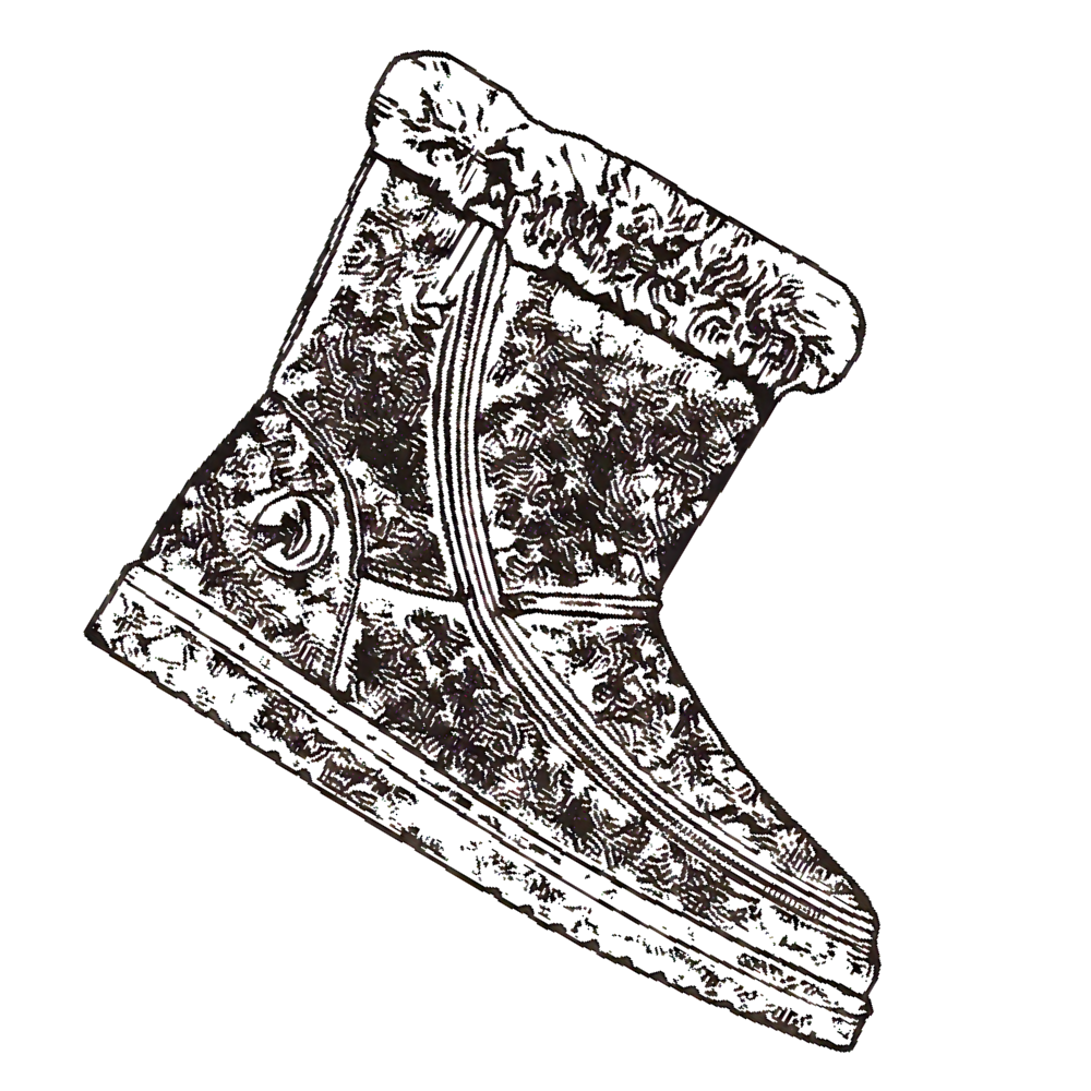 A black and white sketch of a winter boot with fur trim at the top, textured sides, and a thick, patterned sole. The boot appears cozy and warm, designed for cold weather.