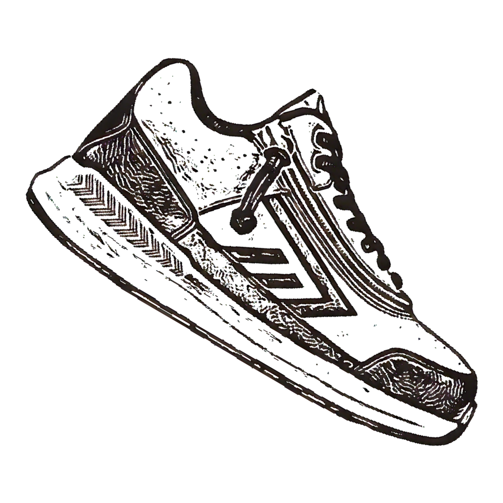 Black and white sketch of a sneaker with laces, patterned sole, side stripes, and zipper, viewed from a slight angle, showing detailed texture and shading.