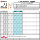 BILLY Footwear Kids'/Toddler Retro Jogger sizing chart with foot diagram, measuring tips, US/CAN, EU, UK size comparison, and foot/shoe measurements. Retro Jogger  shown.
