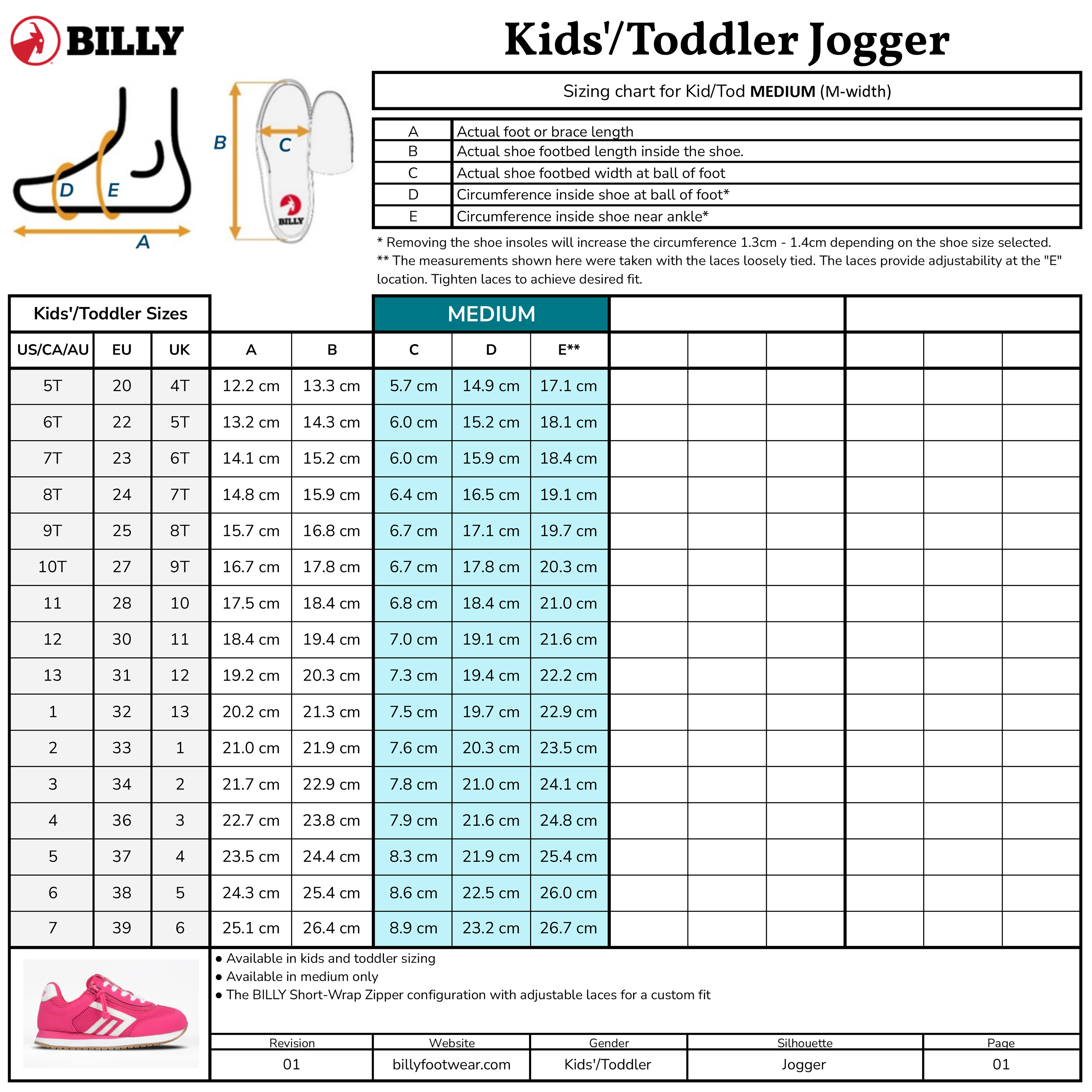BILLY Footwear Kids'/Toddler Retro Jogger sizing chart with foot diagram, measuring tips, US/CAN, EU, UK size comparison, and foot/shoe measurements. Retro Jogger  shown.