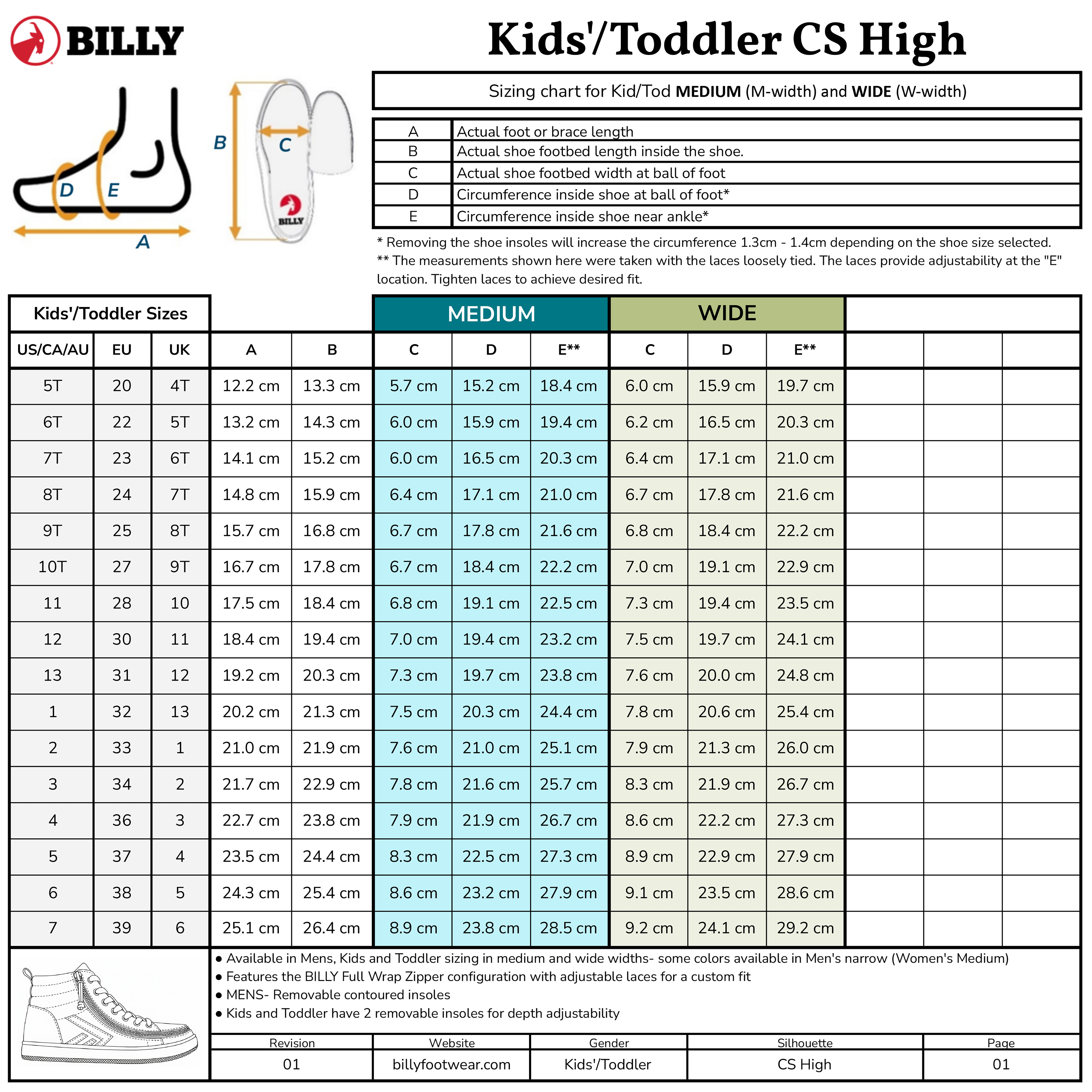 Sizing chart for BILLY Footwear Turquoise/White BILLY CS High kids’/toddler adaptive shoes, displaying US/EU/UK sizes, insole lengths and widths, measurement diagrams, and an image of the shoe.