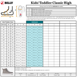Sizing chart for BILLY Classic Lace High by BILLY Footwear, displaying US/EU/UK sizes, foot lengths, foot measurement visuals, and a grey kids high top sneaker with a wraparound zipper in the bottom left.