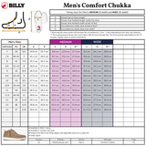 The sizing chart for BILLY Footwear's Men's Sand Suede BILLY Comfort Chukka features US, UK, and EU sizes, foot measurements for medium and wide widths, shoe diagrams, and an image of the boot at the bottom left.