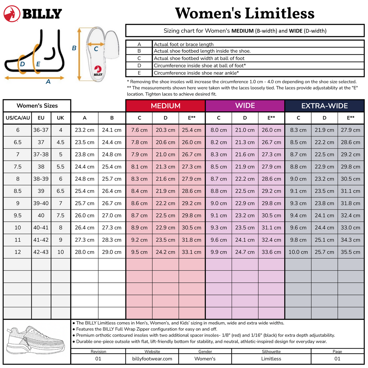 The BILLY Footwear Women’s Black BILLY Limitless shoe size chart shows US, UK, and EU sizes, Medium/Wide/Extra-Wide foot measurements, a foot diagram, measurement tips, and highlights the easy-on/easy-off design.