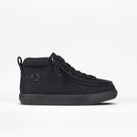 The Black to the Floor BILLY Classic D|R II High by BILLY Footwear is a black sneaker with side zipper, lace-up front, wide toe box, removable insoles, flat sole, round toe, and subtle side logo. Shown on a white background.