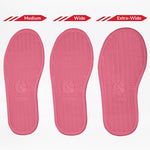 Three Sasha Splatter BILLY Classic D|R II High insoles from BILLY Footwear are shown side by side, labeled Medium, Wide, and Extra-Wide at the top to illustrate the difference in orthotic friendly widths.