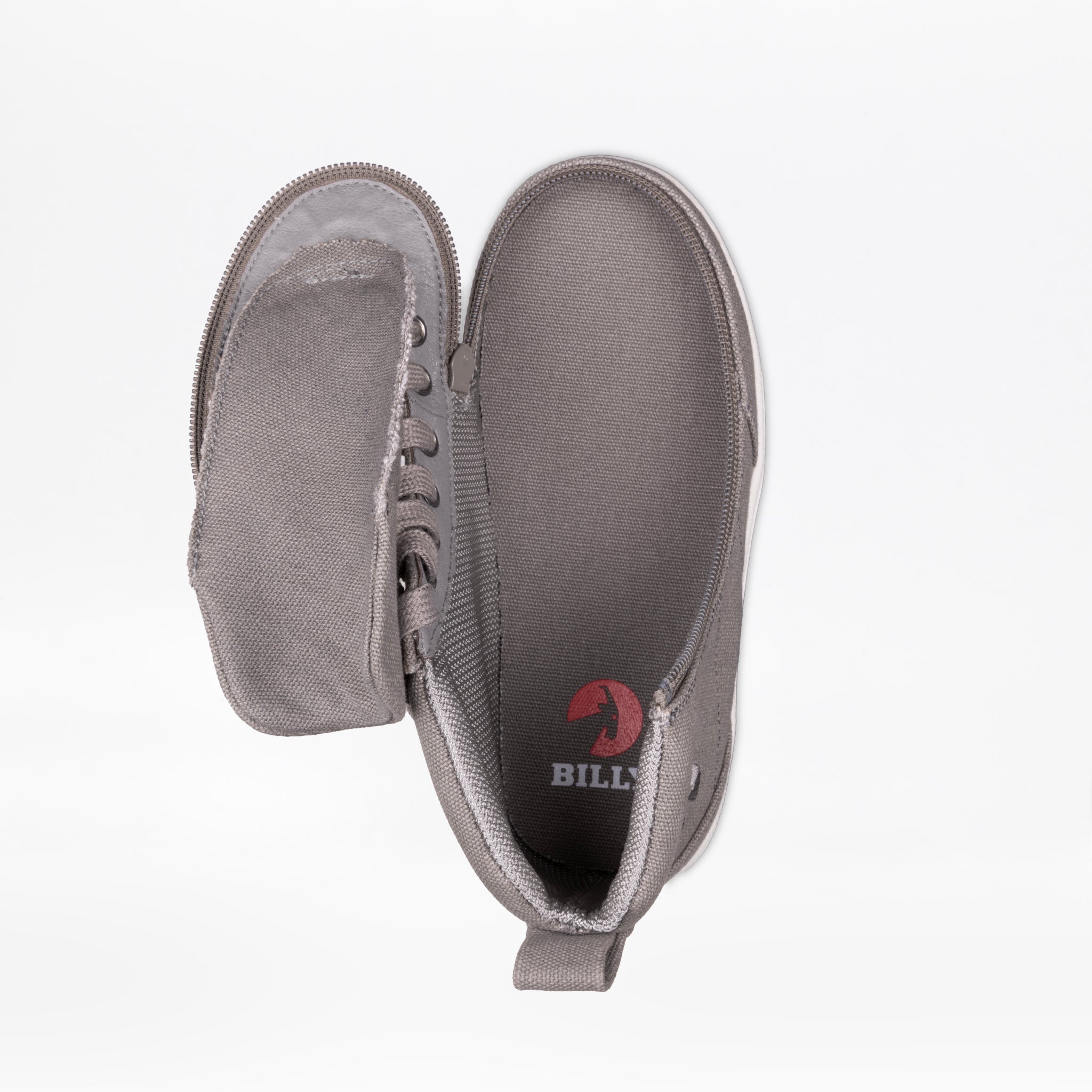 The Dark Grey BILLY Classic D|R II High by BILLY Footwear is a kids’ orthopedic shoe with a wide side flap, revealing the interior and red logo insole. Displayed on a white background, this adaptive AFO-friendly footwear offers support and comfort.