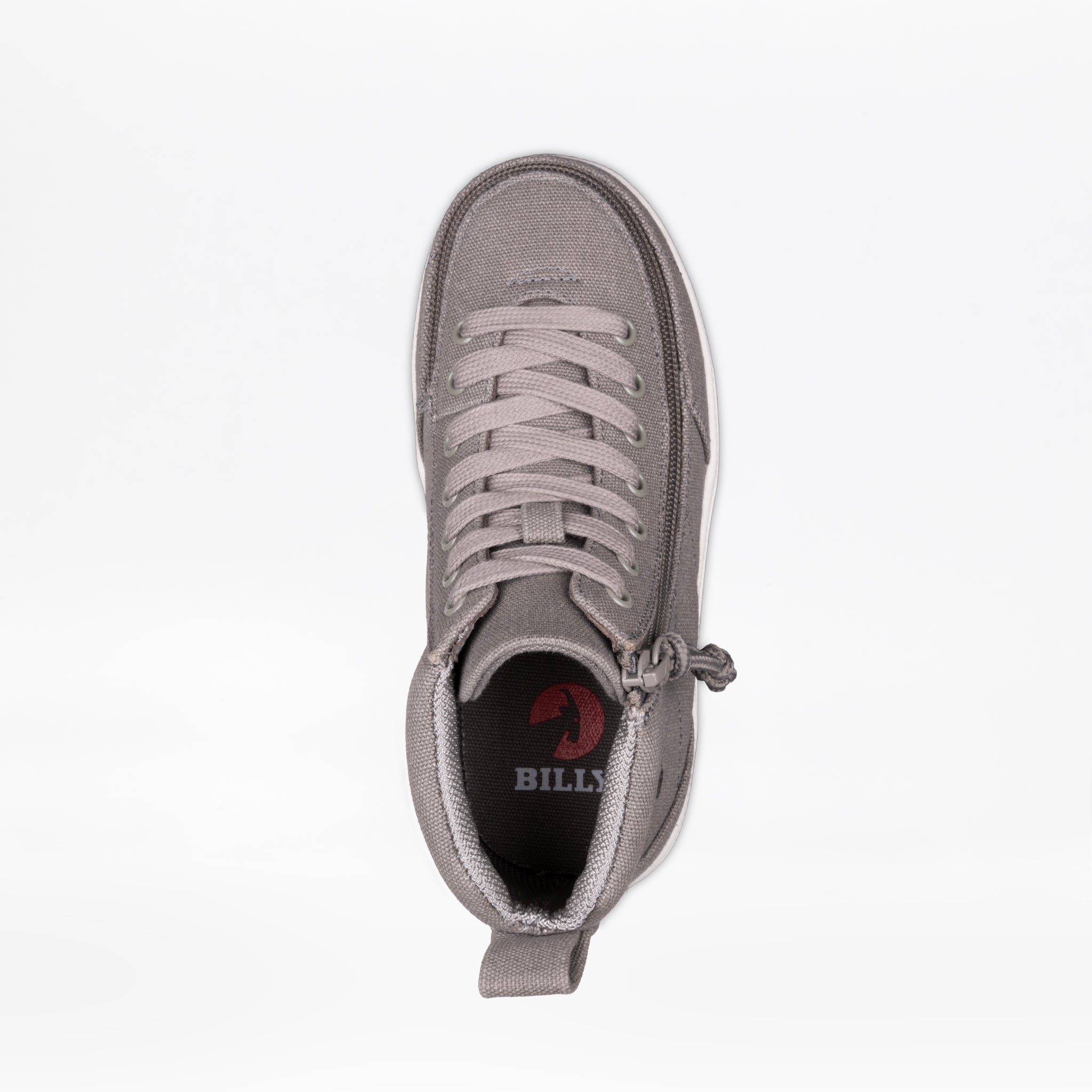 Top view of the Dark Grey BILLY Classic D|R II High sneaker with laces and a side zipper, featuring the BILLY Footwear logo on the insole. This adaptive, AFO-friendly shoe is set against a plain white background.