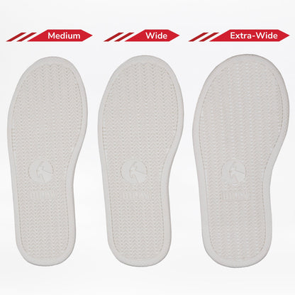 Three white removable insoles labeled Medium, Wide, and Extra-Wide are shown side by side, highlighting the width options available for the navy BILLY Classic D|R II High kids' shoes by BILLY Footwear.