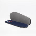 A pair of removable insoles for the Navy BILLY Classic D|R II High shoes by BILLY Footwear—one shown blue side up with a red and white logo, the other displaying a plain gray underside—are displayed on a white background.
