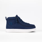 The Navy BILLY Classic D|R II High by BILLY Footwear is a navy high-top sneaker featuring a side zipper, white sole, matching blue laces, and removable insoles, shown against a plain white background.