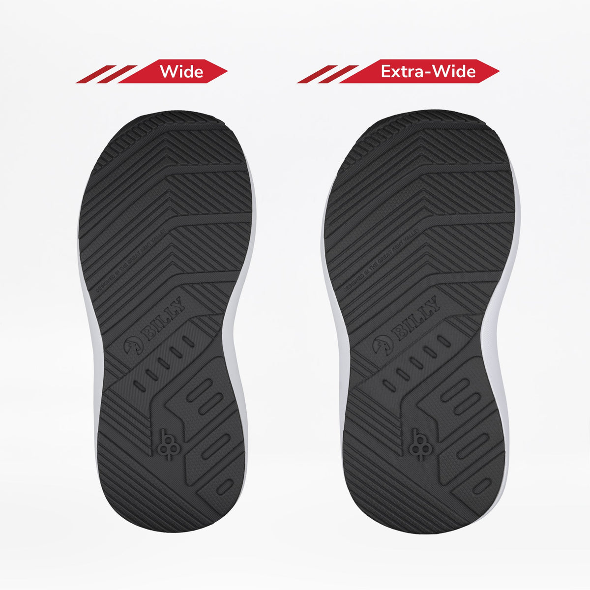Two black outsoles from the BILLY Footwear Black BILLY Goat Classic High are shown side by side. The left is Wide, the right Extra-Wide, illustrating width differences—ideal for orthotic shoes and AFO-friendly options.