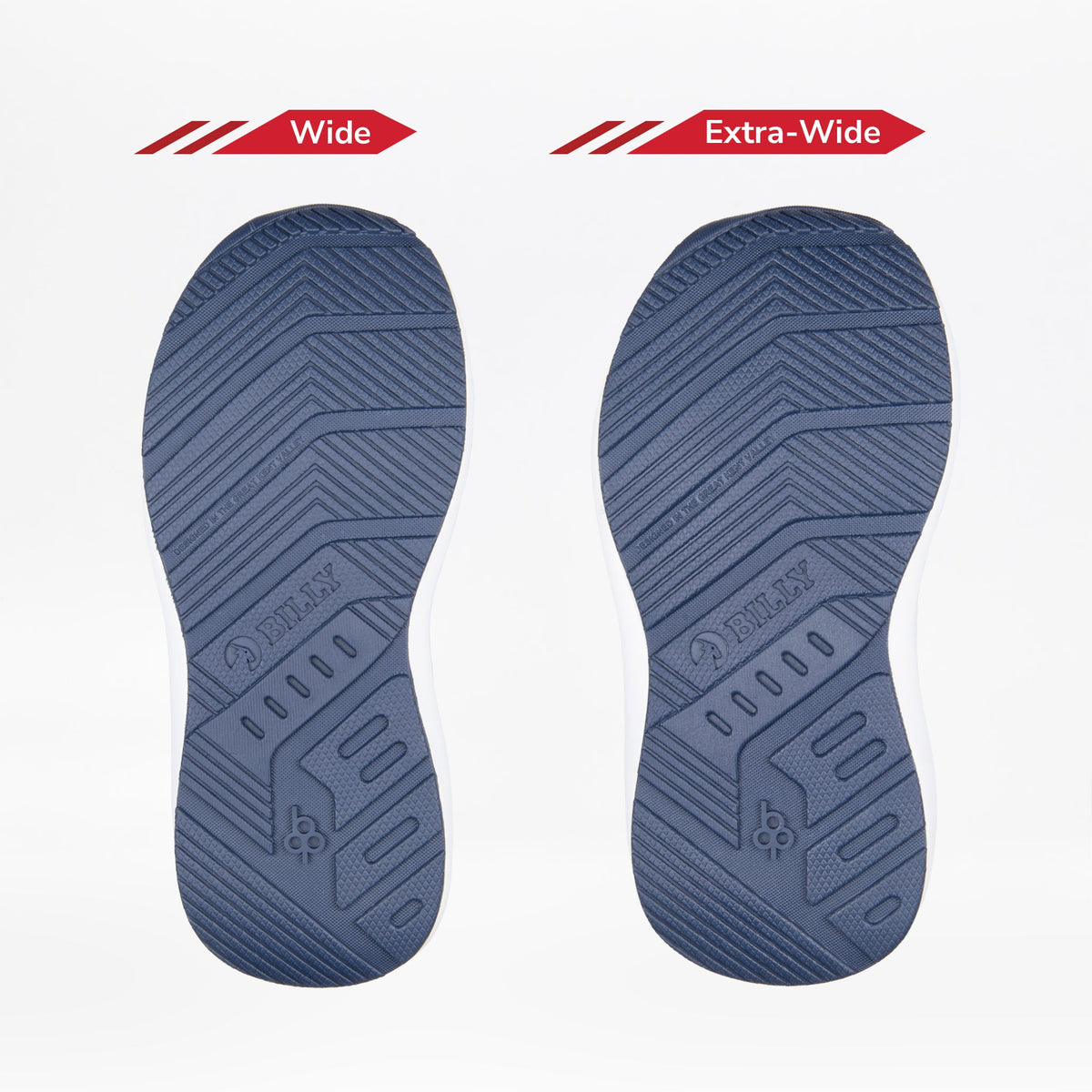 Two blue shoe soles from the Navy Floral BILLY Goat Classic High by BILLY Footwear are shown side by side. The left is labeled Wide, the right Extra-Wide, highlighting width differences for kids’ adaptive and AFO-friendly shoes.