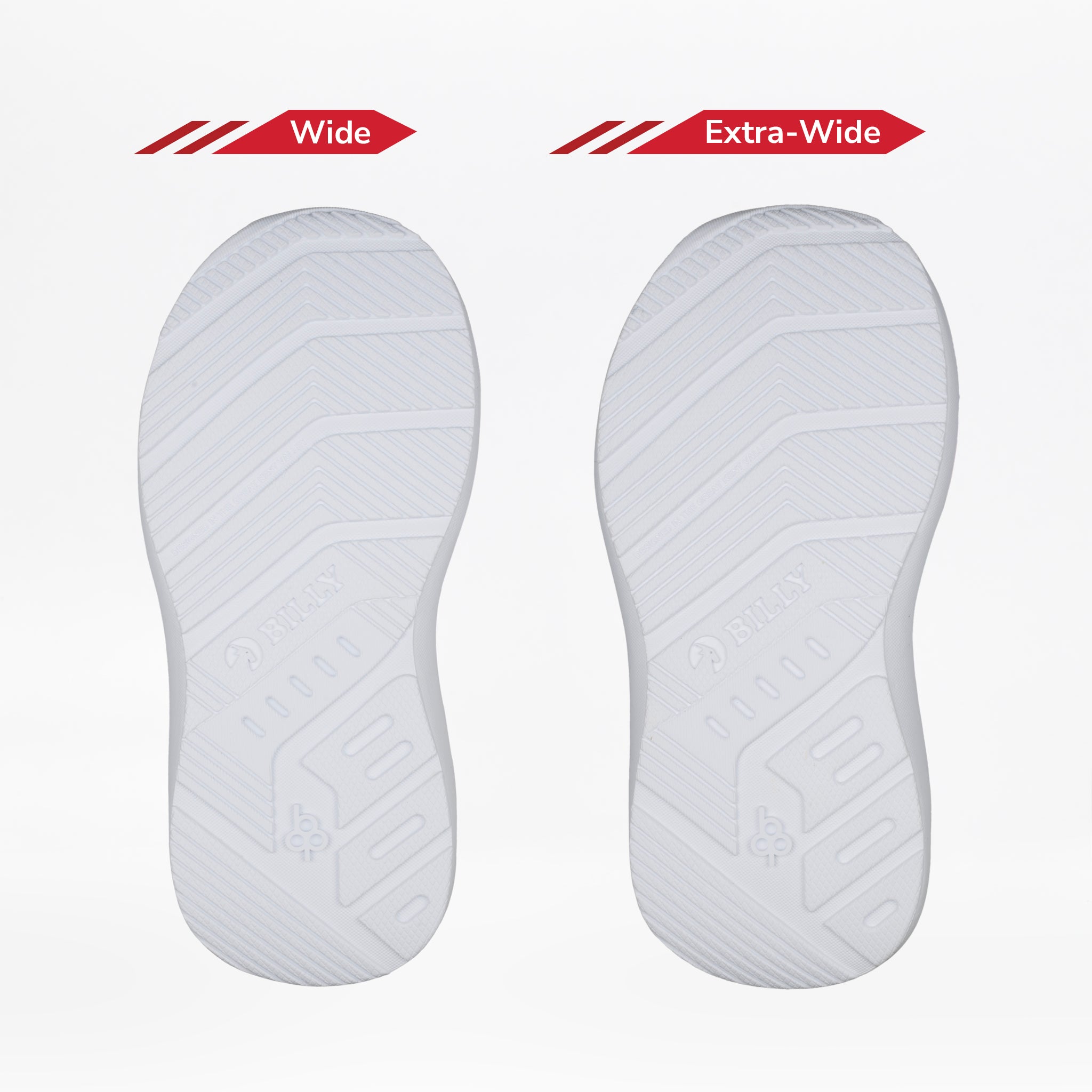 Two white outsoles of the BILLY Footwear Pink Watercolor BILLY Goat Classic High are shown on a white background. The left is labeled Wide and the right Extra-Wide, showcasing adaptive shoe options ideal for orthotics and AFO needs.