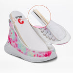 The Pink Watercolor BILLY Goat Classic High by BILLY Footwear showcases adaptive sneaker design with a partially lifted insole, revealing layered cushioning. An inset circle provides a close-up of the insole’s varied material layers.