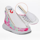 The Pink Watercolor BILLY Goat Classic High by BILLY Footwear showcases adaptive sneaker design with a partially lifted insole, revealing layered cushioning. An inset circle provides a close-up of the insole’s varied material layers.