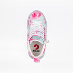 Top view of the Pink Watercolor BILLY Goat Classic High by BILLY Footwear, an AFO-friendly shoe with pink, teal, and white tie-dye, white laces, a side zipper, and “BILLY” branding on the tongue and insole.