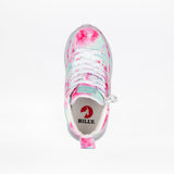 Top view of the Pink Watercolor BILLY Goat Classic High by BILLY Footwear, an AFO-friendly shoe with pink, teal, and white tie-dye, white laces, a side zipper, and “BILLY” branding on the tongue and insole.