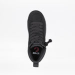 A top view of the Black to the Floor BILLY CS High by BILLY Footwear shows a black zipper shoe with a zipper around the toe and a heel pull tab. The insole features the BILLY logo in white and red, blending adaptive design with style.