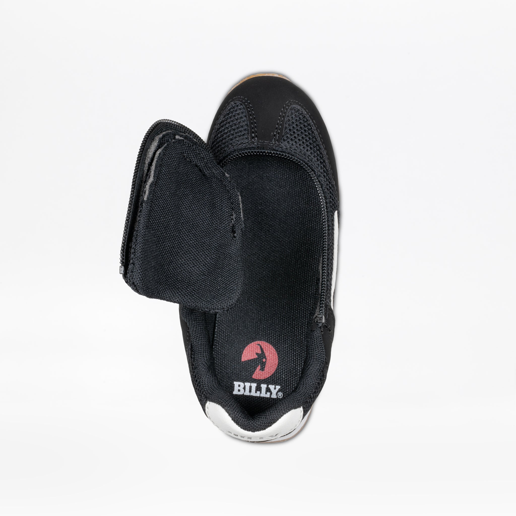 A Black BILLY Retro Jogger by BILLY Footwear with the upper unzipped, showing the BILLY logo on the insole. These retro-inspired shoes offer easy access and are presented against a white background.