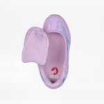 The Lilac BILLY Retro Jogger by BILLY Footwear features a partially open zippered upper flap that reveals the interior and the BILLY logo on the insole. This stylish kids'/toddler shoe is shown against a white background.