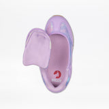 The Lilac BILLY Retro Jogger by BILLY Footwear features a partially open zippered upper flap that reveals the interior and the BILLY logo on the insole. This stylish kids'/toddler shoe is shown against a white background.