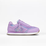The Lilac BILLY Retro Jogger by BILLY Footwear features a pastel purple mesh and leather upper, white midsole, brown rubber outsole, purple laces, and a subtle pink and blue side pattern.