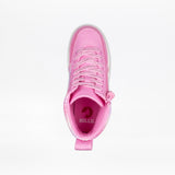 Top view of a Pink Glitz BILLY Classic Lace High kids sneaker by BILLY Footwear, featuring laces, a wraparound zipper, and BILLY branding on the insole, shown against a white background.