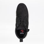 Top view of the Men's Black Suede BILLY Comfort Chukka by BILLY Footwear, featuring a white sole, wraparound zipper design, and the BILLY logo with a red circle on the insole, set against a plain white background.