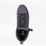 A top view of the Men's Charcoal/Black BILLY CS High by BILLY Footwear, featuring black laces, a Full Wrap Zipper on the side, and "BILLY." on the black insole, set against a plain white background.