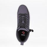 A top view of the Men's Charcoal/Black BILLY CS High by BILLY Footwear, featuring black laces, a Full Wrap Zipper on the side, and "BILLY." on the black insole, set against a plain white background.