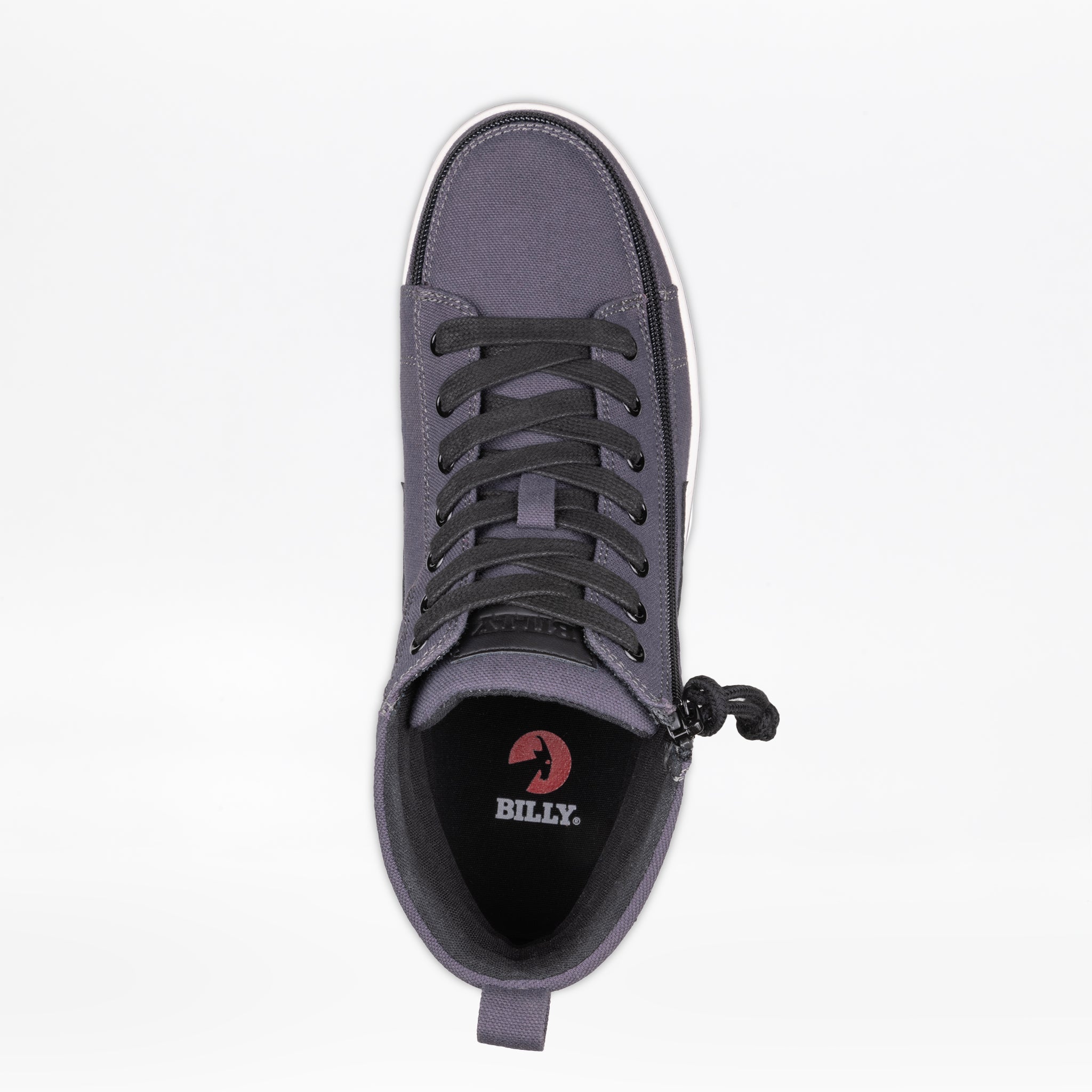 A top view of the Men's Charcoal/Black BILLY CS High by BILLY Footwear, featuring black laces, a Full Wrap Zipper on the side, and "BILLY." on the black insole, set against a plain white background.