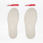 Two beige insoles are displayed side by side on a white background. Labeled Medium and Wide, they show shoe width options for step-in shoes like the Men's Charcoal/Black BILLY CS High by BILLY Footwear.