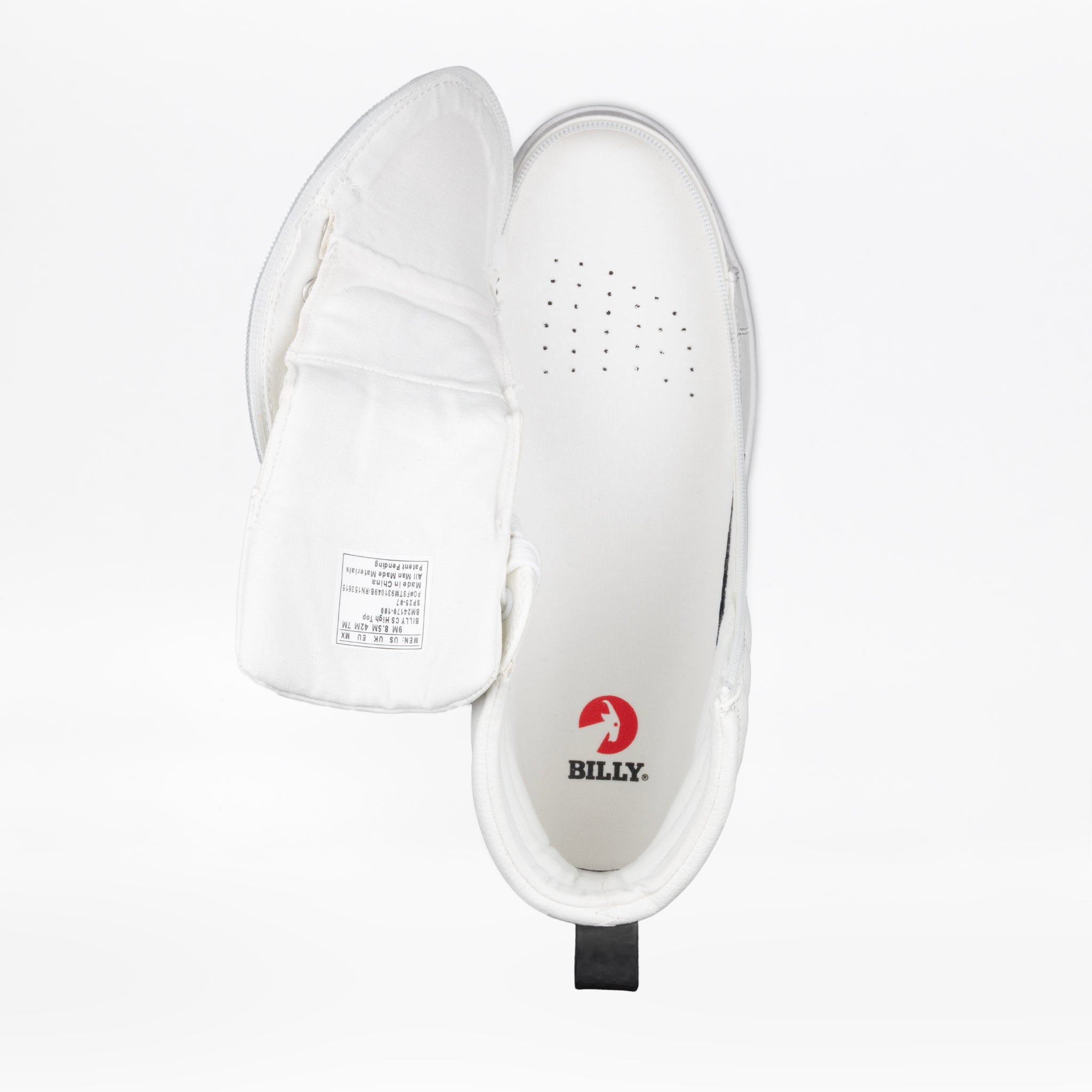 Top view of a Men's White/Black BILLY CS High slip-on by BILLY Footwear with the zipper open, showing the insole branded "BILLY," set against a plain white background.