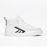 The Men's White/Black BILLY CS High by BILLY Footwear is a men's white high top sneaker with black geometric accents, white laces and sole, plus a full wrap zipper for easy access, shown on a plain white background.