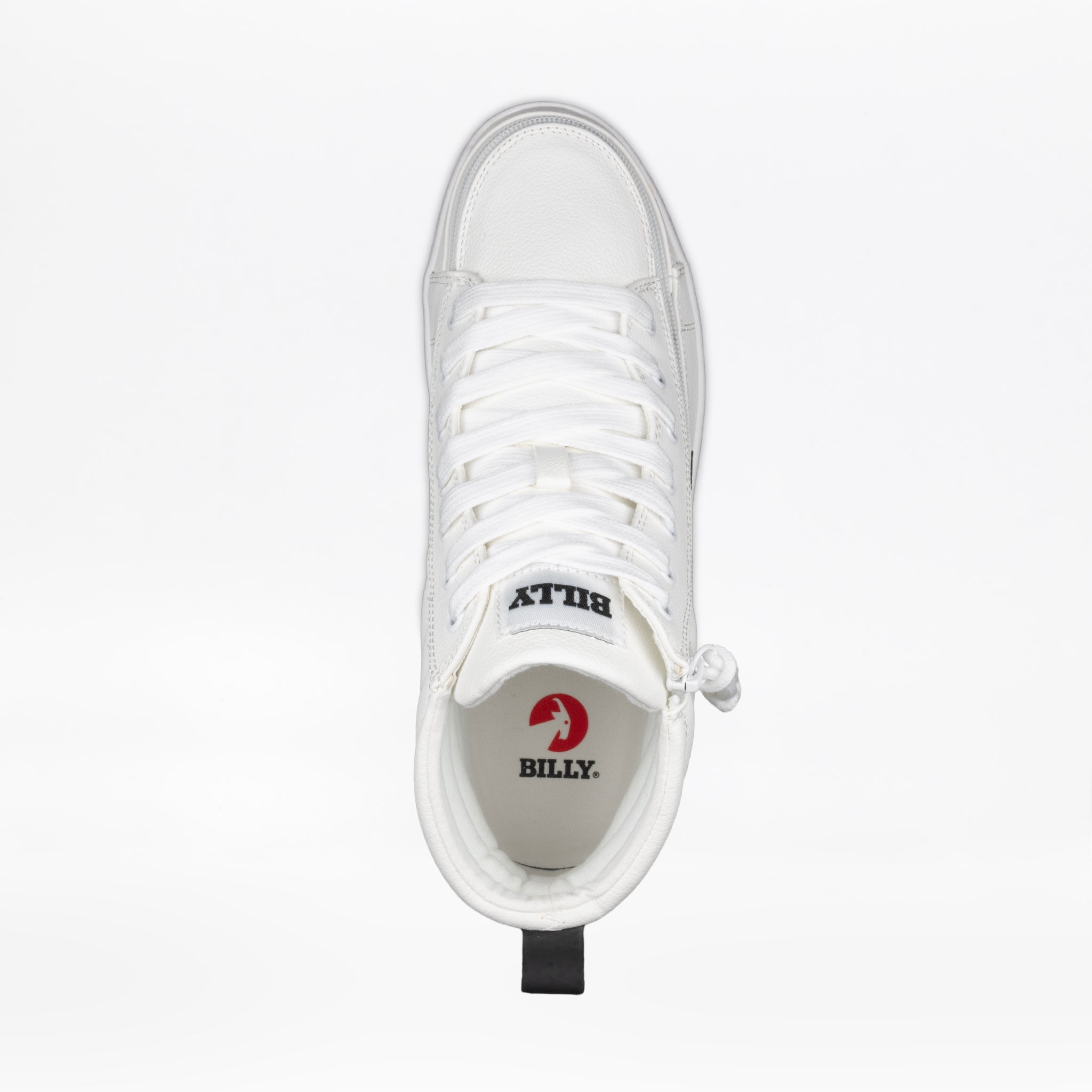 Top view of the Men's White/Black BILLY CS High by BILLY Footwear, featuring white laces, a full wrap zipper, "BILLY" on the tongue, and a red BILLY logo on the insole. Background is plain white.