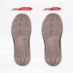 Two taupe Men's BILLY Inclusion Trail Boot soles from BILLY Footwear are displayed side by side on a white background, with the left labeled Medium and the right labeled Wide to show the difference in width.