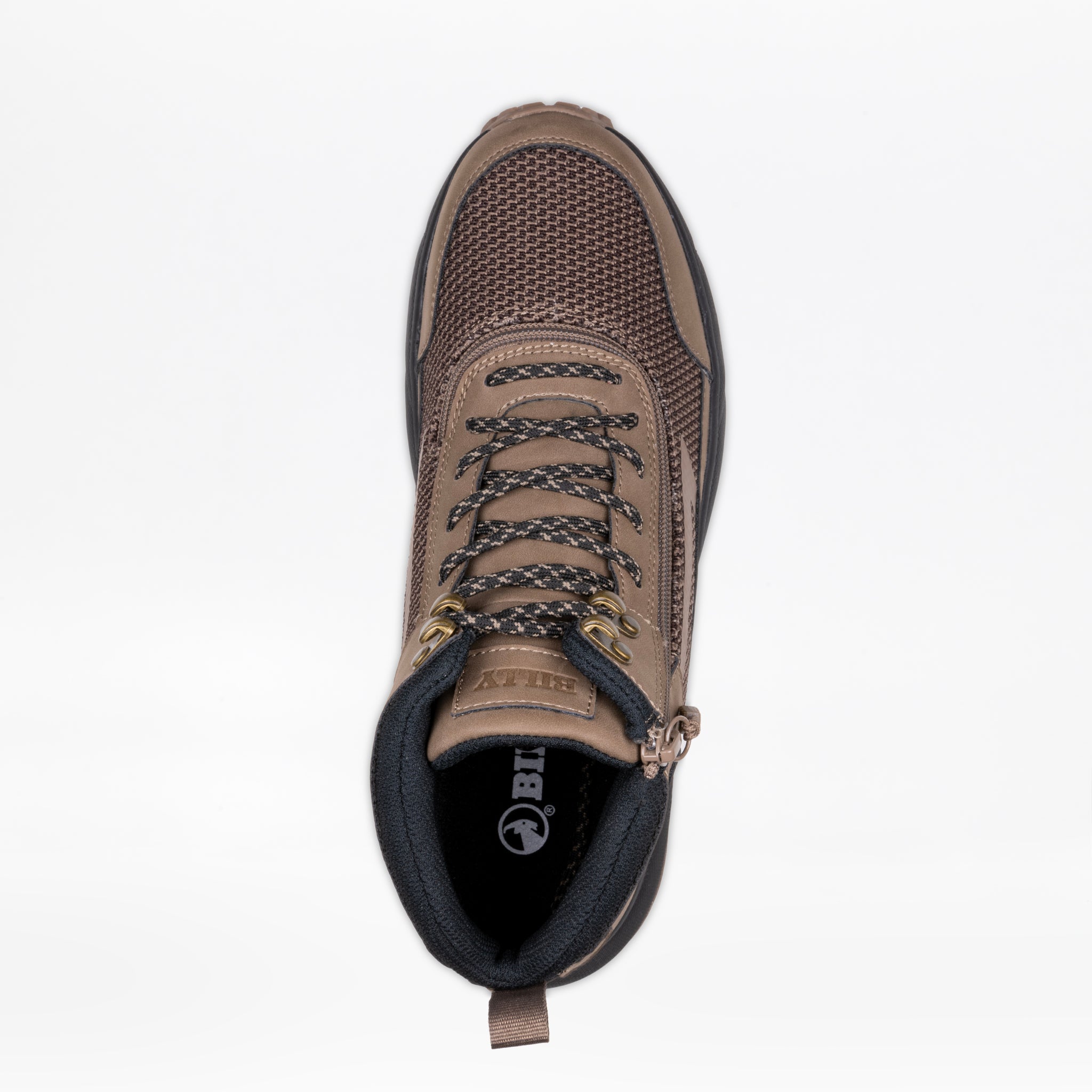 Top view of the Men's Taupe BILLY Inclusion Trail Boot by BILLY Footwear, featuring black and brown laces, gold eyelets, mesh details, a black padded collar, heel pull tab, and easy on/off zipper on a white background.
