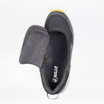 The Men's Charcoal/Yellow BILLY Inclusion Trail by BILLY Footwear features a textured gray upper, easy on/off zipper flap partially open to show the branded insole, yellow accents on the toe, and a hiking-inspired sneaker design.