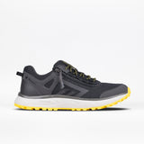The Men's Inclusion Trail by BILLY Footwear in Charcoal/Yellow features a breathable mesh upper, black and yellow laces, white midsole, and bright yellow outsole for hiking-inspired style. Shown on a white background.