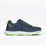 The Men's Navy/Green BILLY Inclusion Trail by BILLY Footwear is a water-resistant trail shoe with mesh and synthetic detailing, lime green accents, a side zipper, "BILLY" on the heel, and a white sole featuring lime green tread.
