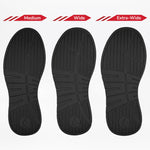 Three black soles of the Men's Black/Charcoal/Black BILLY Comfort DZ High by BILLY Footwear are displayed side by side, labeled Medium, Wide, and Extra-Wide to showcase available width options.