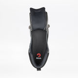 Top view of the Men's Black/Charcoal/Black BILLY Comfort DZ High from BILLY Footwear with the tongue pulled back, showing "BILLY" on the insole. These double zipper sneakers offer easy access and comfort, ideal for walking, against a white background.