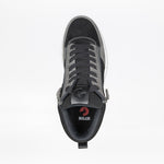 Top view of the Men's Black/Charcoal/Black BILLY Comfort DZ High by BILLY Footwear, featuring gray laces, double zippers, and a BILLY logo on the insole, set against a plain white background.