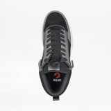 Top view of the Men's Black/Charcoal/Black BILLY Comfort DZ High by BILLY Footwear, featuring gray laces, double zippers, and a BILLY logo on the insole, set against a plain white background.