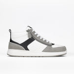 The BILLY Footwear Men's Comfort DZ High sneaker in White/Grey features a white upper, gray suede toe and heel accents, black details, double zipper design, white laces, and a light gray sole—shown in side profile on a plain white background.