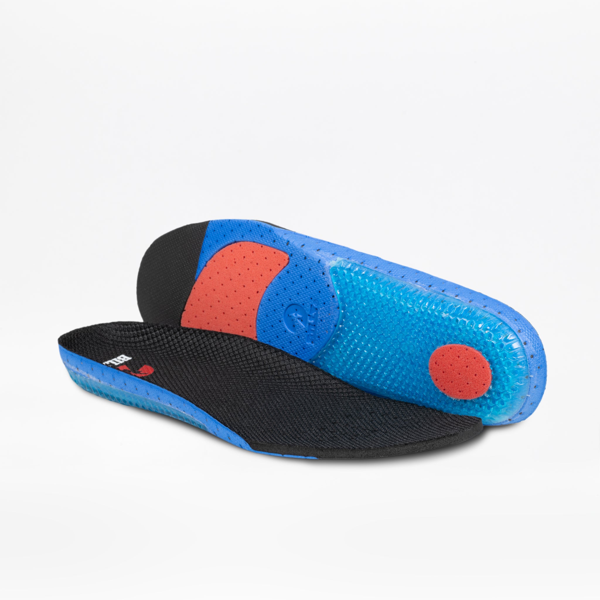 A pair of black insoles with blue and red cushioning on the underside, shown on a white background—ideal for sensory-friendly shoes like the Men's Black/White BILLY CS Low by BILLY Footwear. One insole lies flat; the other displays the bottom.